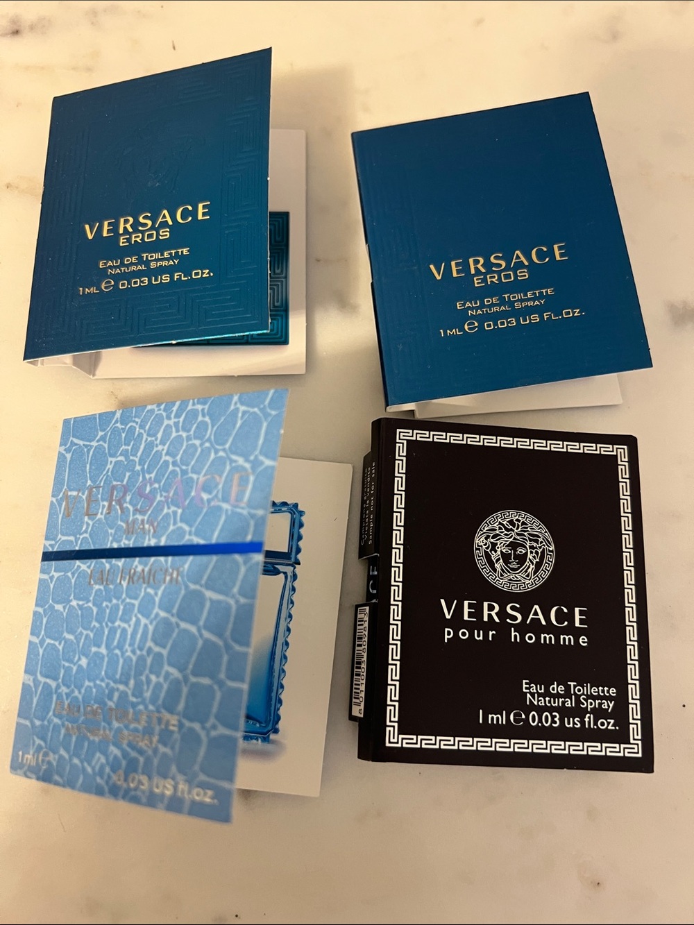 Versace Sample Cards in Blue, Light Blue & Black with Gold Accents